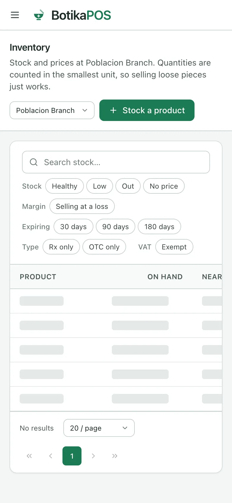 The BotikaPOS inventory screen, listing stock batch by batch with lot numbers, expiry dates and the quantity on hand for each.