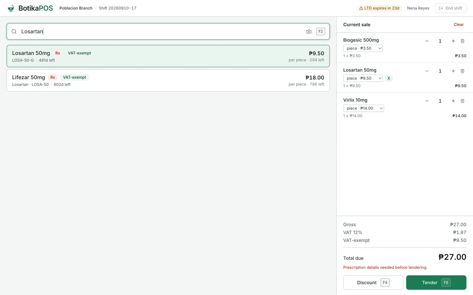 The BotikaPOS register: a search for Losartan showing the branded Lifezar beside the cheaper RiteMed generic, both marked Rx and VAT-exempt, with a basket and its running total on the right.
